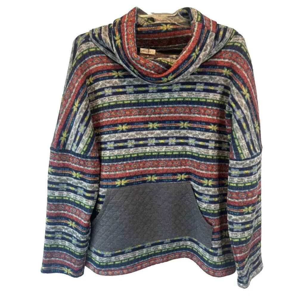 Andthewhy Colorful Southwest Aztec Western Print Cowlneck Womens Sweater L NEW‎
